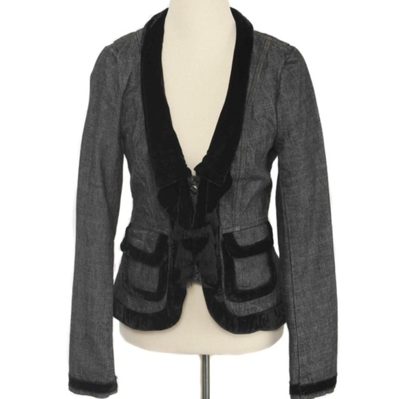 Habitual Jean Jacket Velvet Ruffles Denim Blazer - Picture 1 of 8